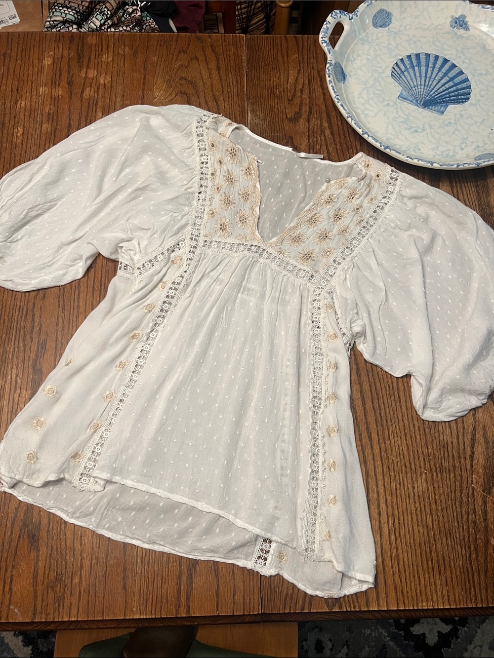 Free People Cream Swiss-Dot Embroidered Peasant Blouse